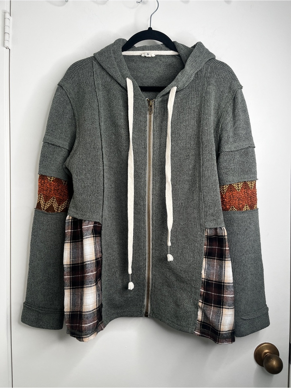 POL Oversized MixedMedia Plaid Thermal Patchwork Zip Hoodie Med Green Brown Boho